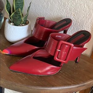 Forever 21 Faux Leather Buckle Mules , Red